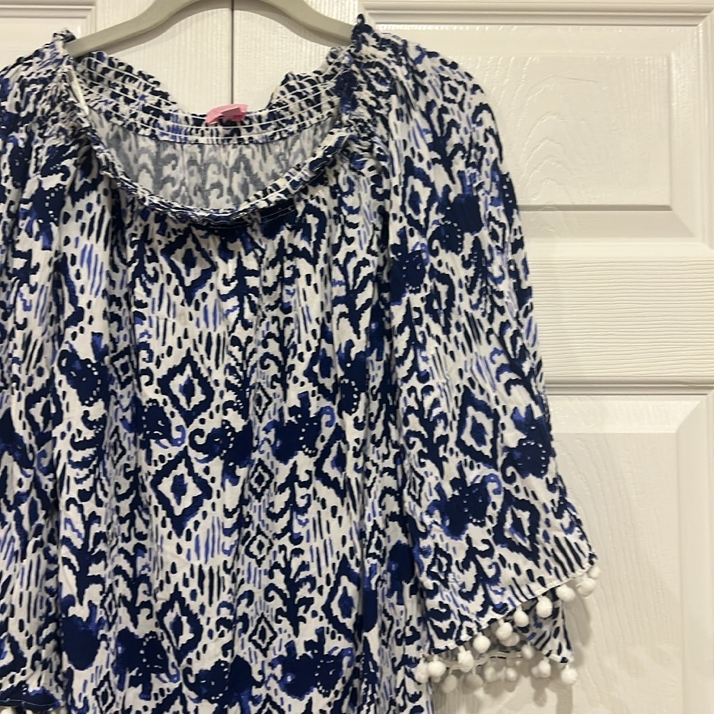 Lilly Pulitzer Nita Cover Up Womens Blue White Print Off Shoulder Size XS - Picture 2 of 8